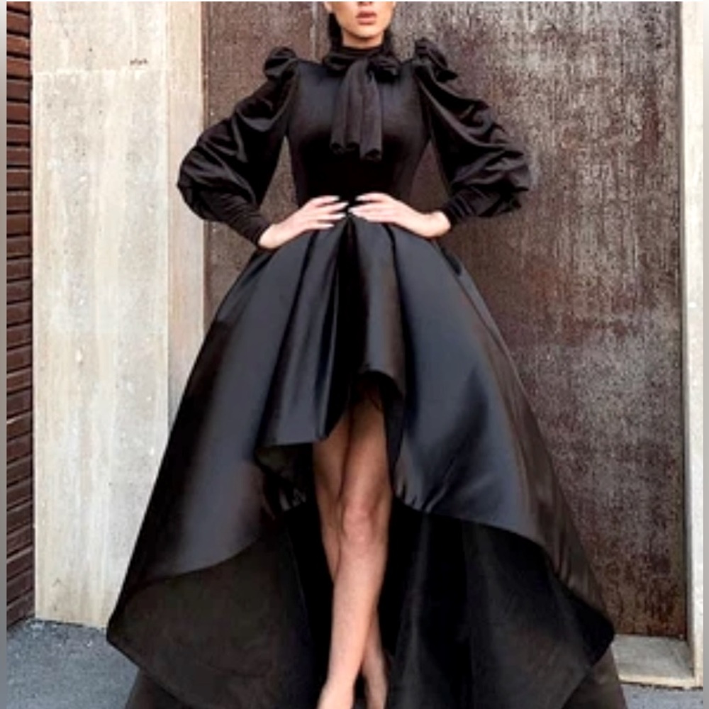 Winter Turtleneck High-Low Dress, Formal, Gala, Black Dinner, Wedding Dress Gown